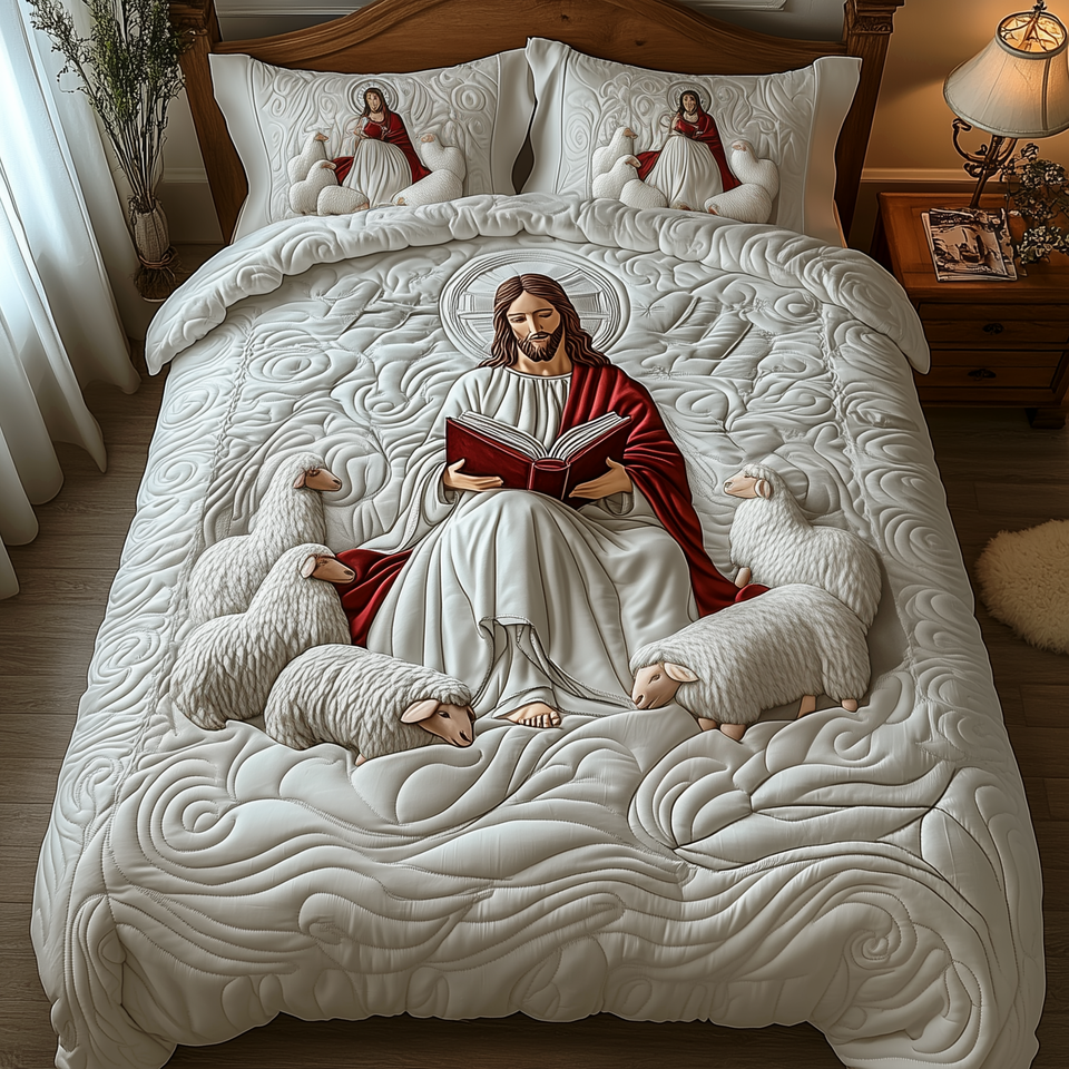 Jesus Crimson Mantle With Flock quilted bedding set, quilt and two pillow shams on a made bed