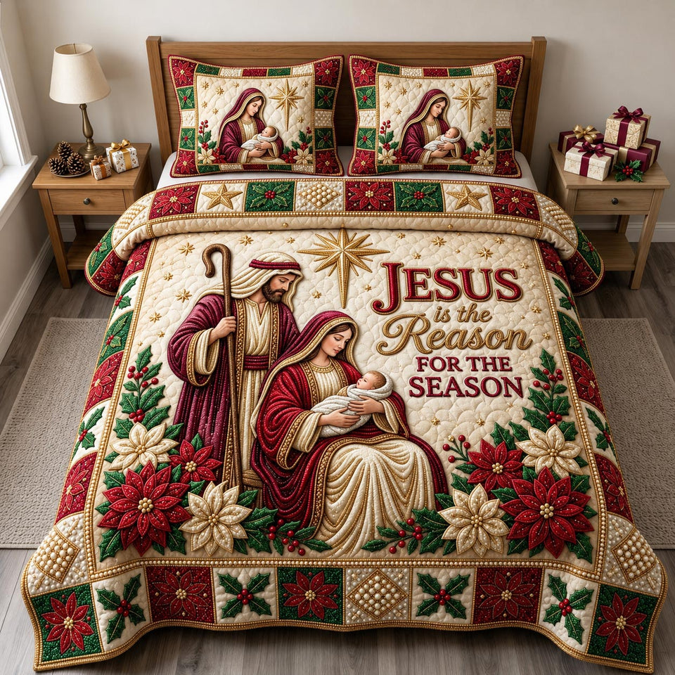 Jesus Is the Reason Poinsettias quilted bedding set, quilt and two pillow shams on a made bed