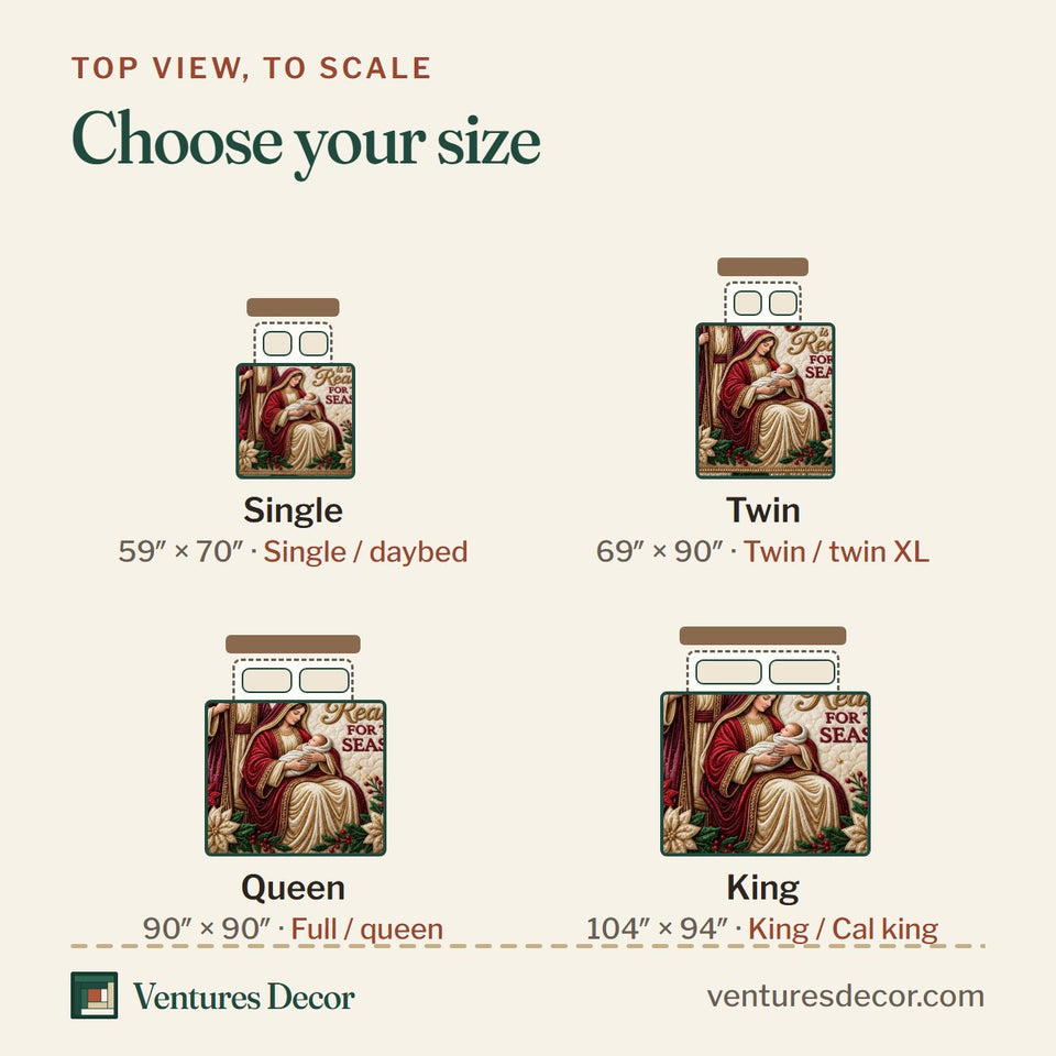Size guide for the Jesus Is the Reason Poinsettias quilt, top view to scale: Single 59 x 70 in, Twin 69 x 90 in, Queen 90 x 90 in, King 104 x 94 in