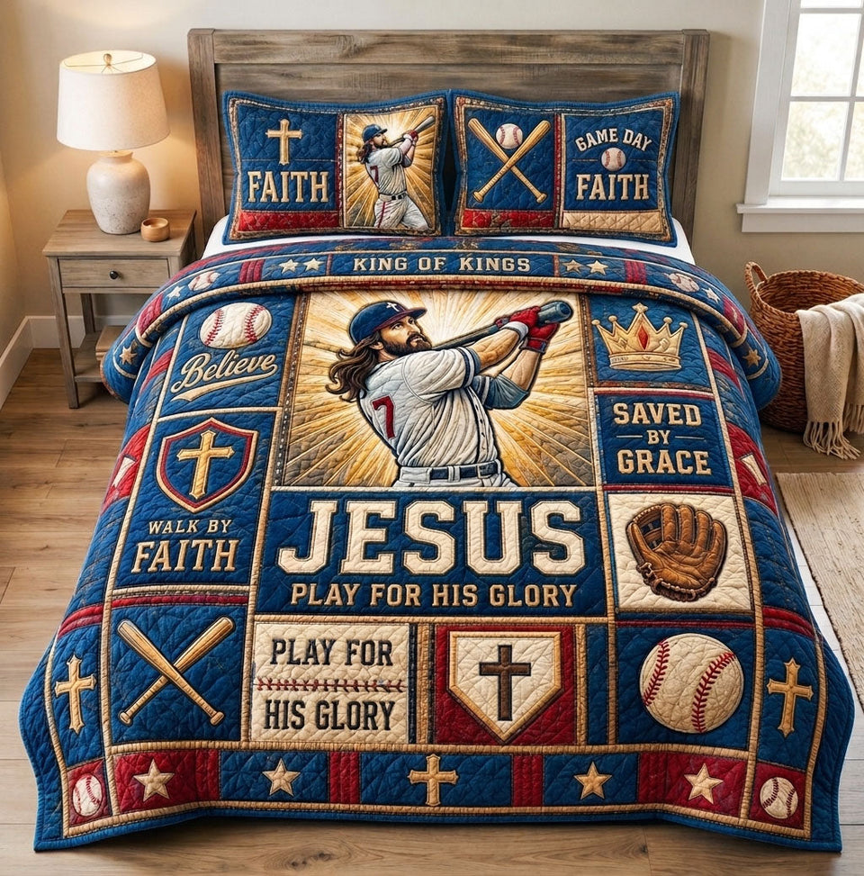 Jesus Play For His Glory Baseball quilted bedding set, quilt and two pillow shams on a made bed