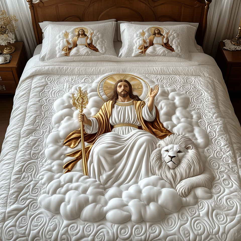 Jesus Seated On Clouds With Lion quilted bedding set, quilt and two pillow shams on a made bed