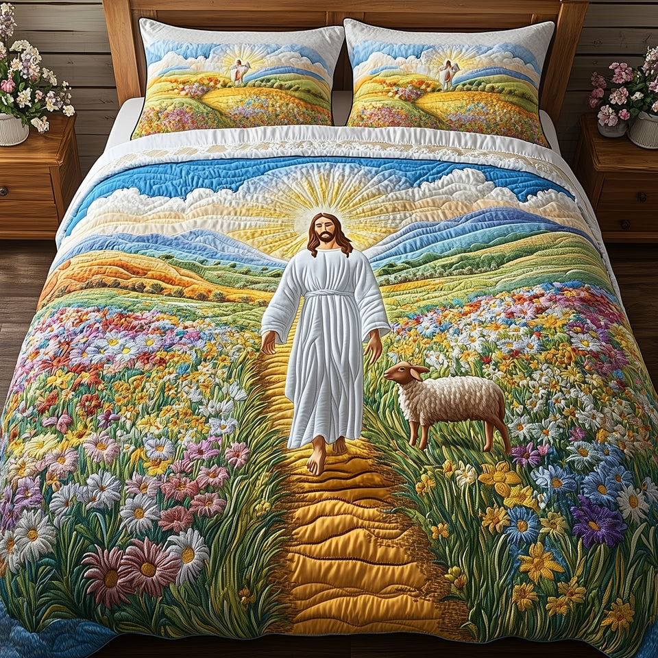 Jesus the Great Golden Path Through Blooms quilted bedding set, quilt and two pillow shams on a made bed