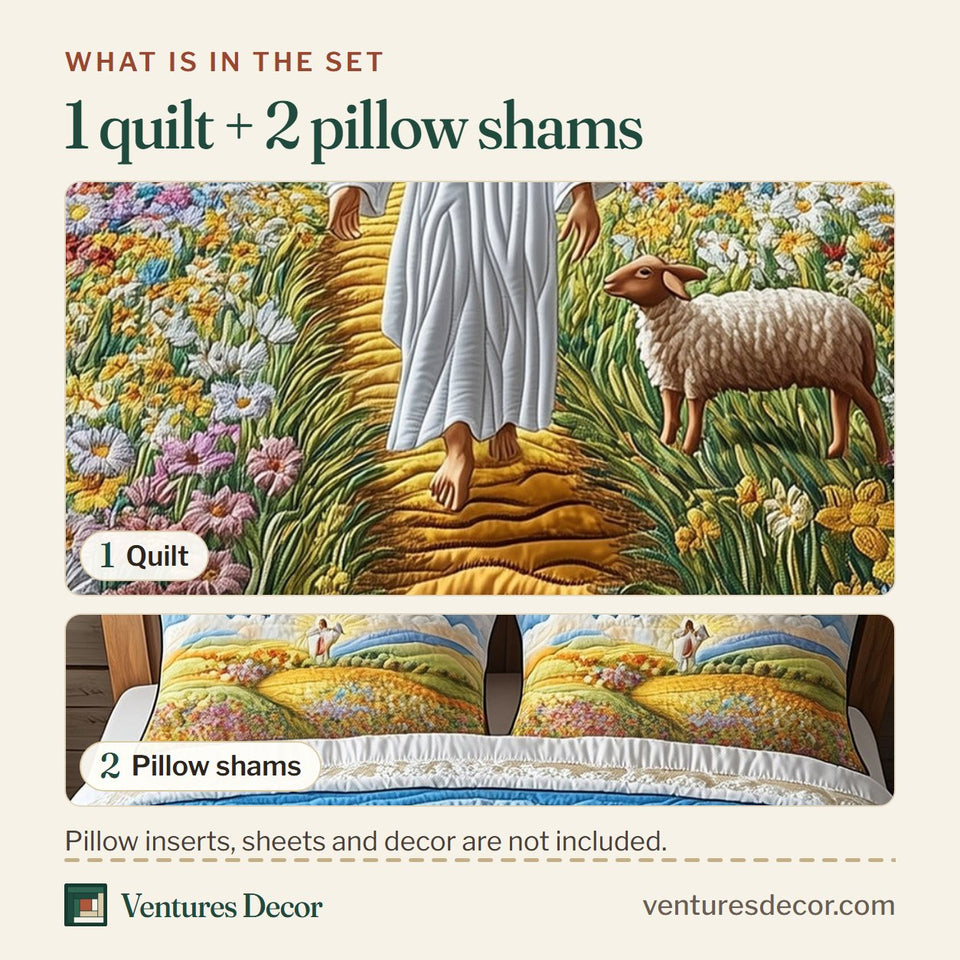 What is in the set: one quilt and two pillow shams, shown in the Jesus the Great Golden Path Through Blooms design