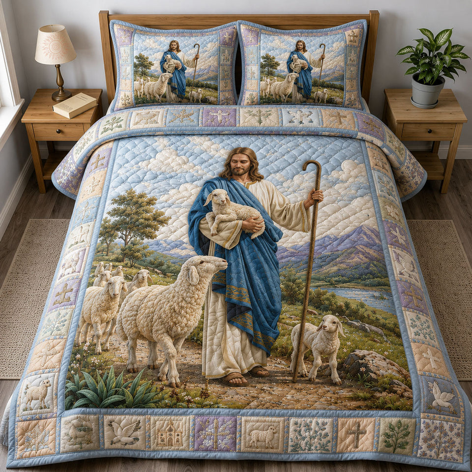 Jesus The Shepherd quilted bedding set, quilt and two pillow shams on a made bed