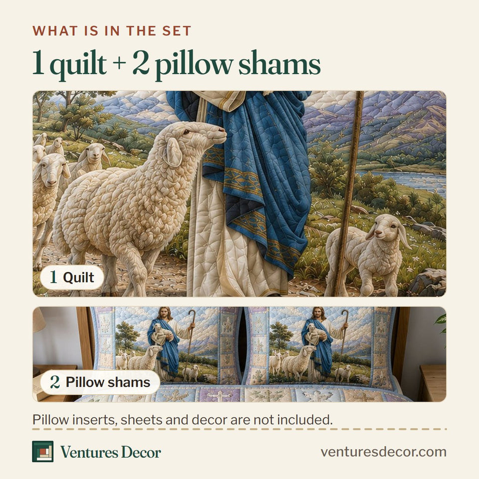 What is in the set: one quilt and two pillow shams, shown in the Jesus The Shepherd design