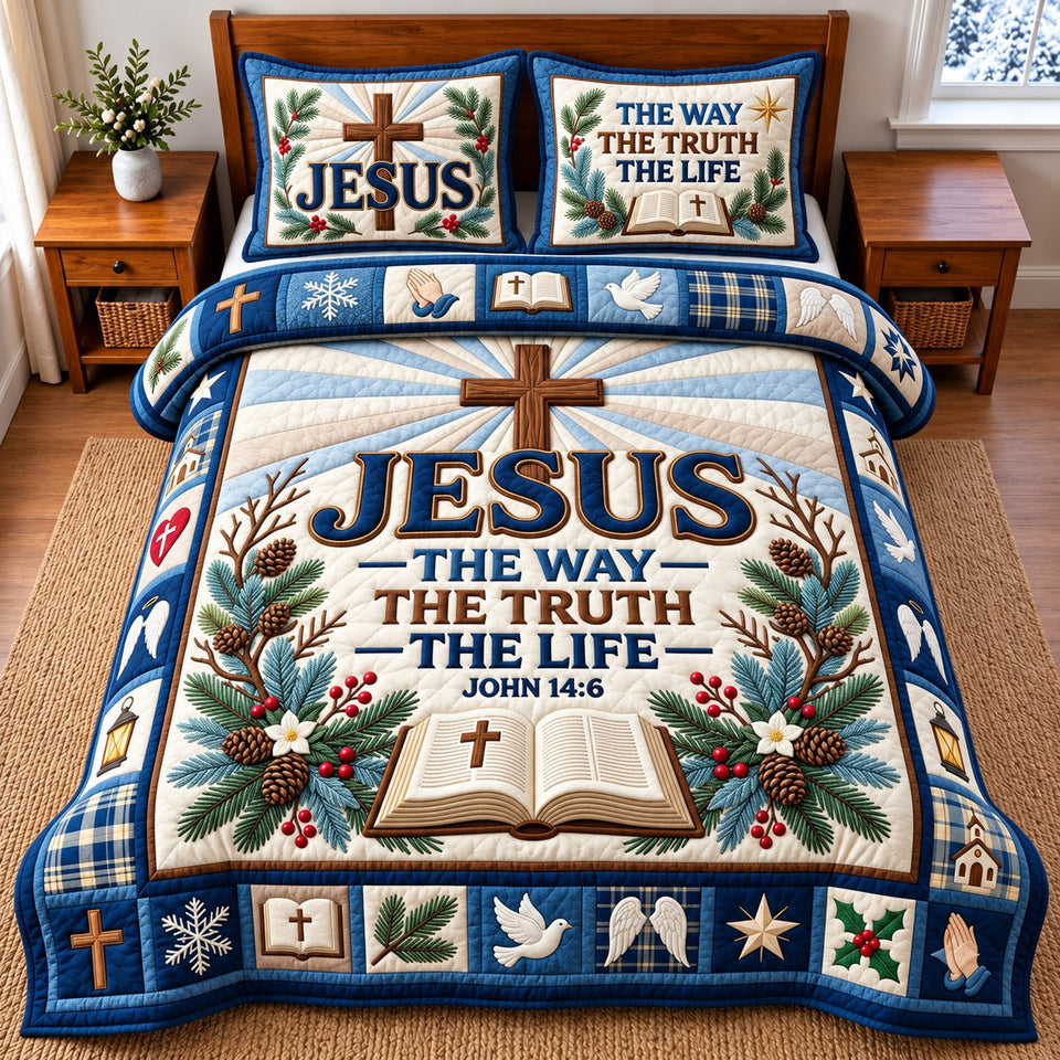 Jesus The Way quilted bedding set, quilt and two pillow shams on a made bed