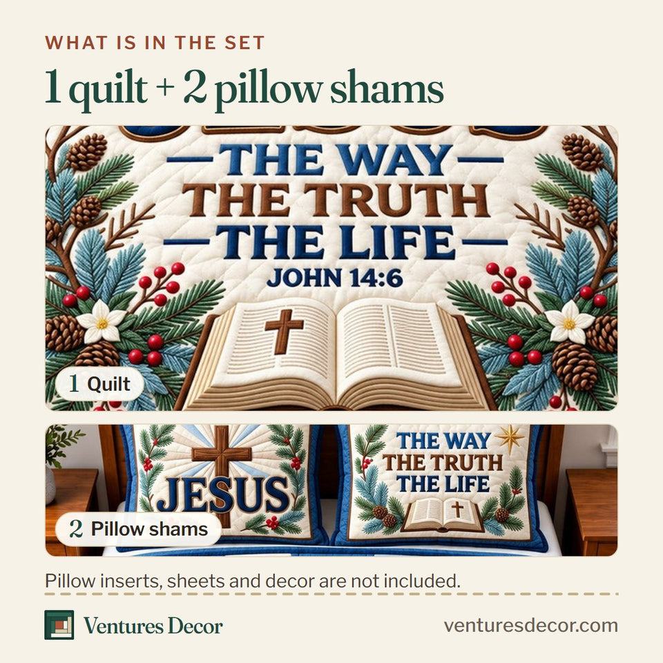 What is in the set: one quilt and two pillow shams, shown in the Christian Jesus The Way Quilt Set, 3-Piece Quilted Bedding with 2 Pillow Shams design