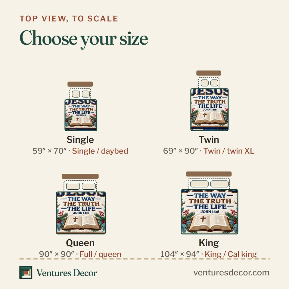 Size guide for the Christian Jesus The Way Quilt Set, 3-Piece Quilted Bedding with 2 Pillow Shams quilt, top view to scale: Single 59 x 70 in, Twin 69 x 90 in, Queen 90 x 90 in, King 104 x 94 in