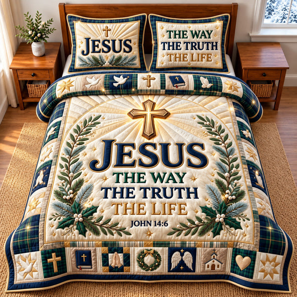 Jesus The Way quilted bedding set, quilt and two pillow shams on a made bed