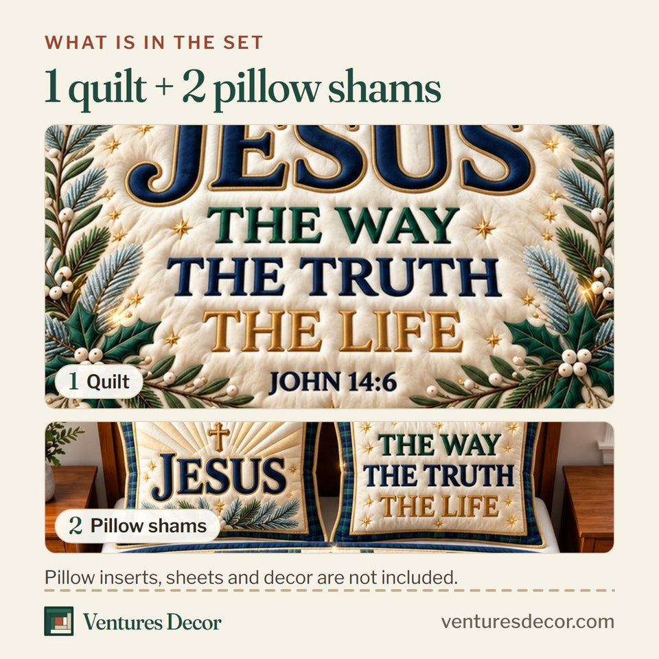 What is in the set: one quilt and two pillow shams, shown in the Christian Jesus The Way Quilt Set, 3-Piece Quilted Bedding with 2 Pillow Shams design