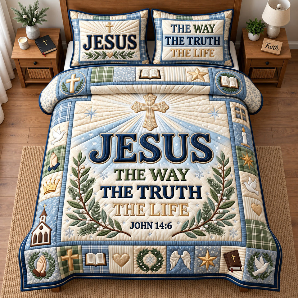 Jesus Truth Life quilted bedding set, quilt and two pillow shams on a made bed