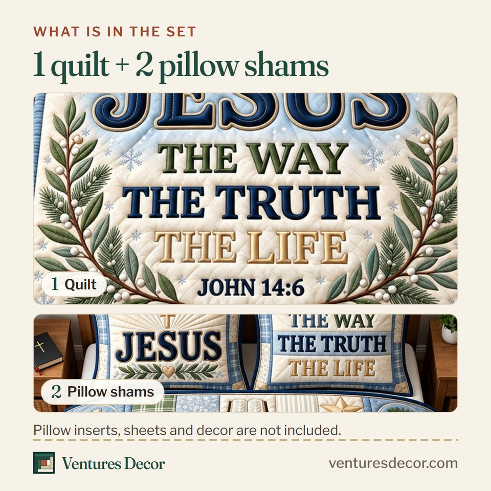 What is in the set: one quilt and two pillow shams, shown in the Christian Jesus Truth Life Quilt Set, 3-Piece Quilted Bedding with 2 Pillow Shams design
