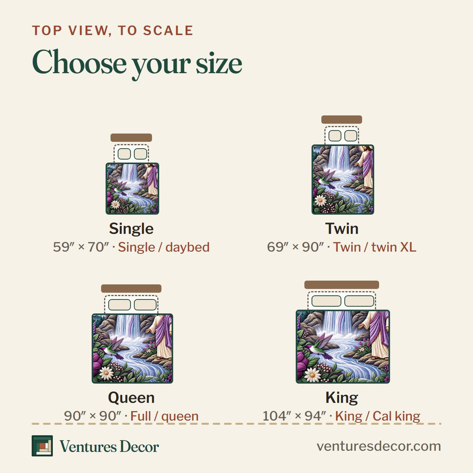 Size guide for the Jesus Waterfall quilt, top view to scale: Single 59 x 70 in, Twin 69 x 90 in, Queen 90 x 90 in, King 104 x 94 in