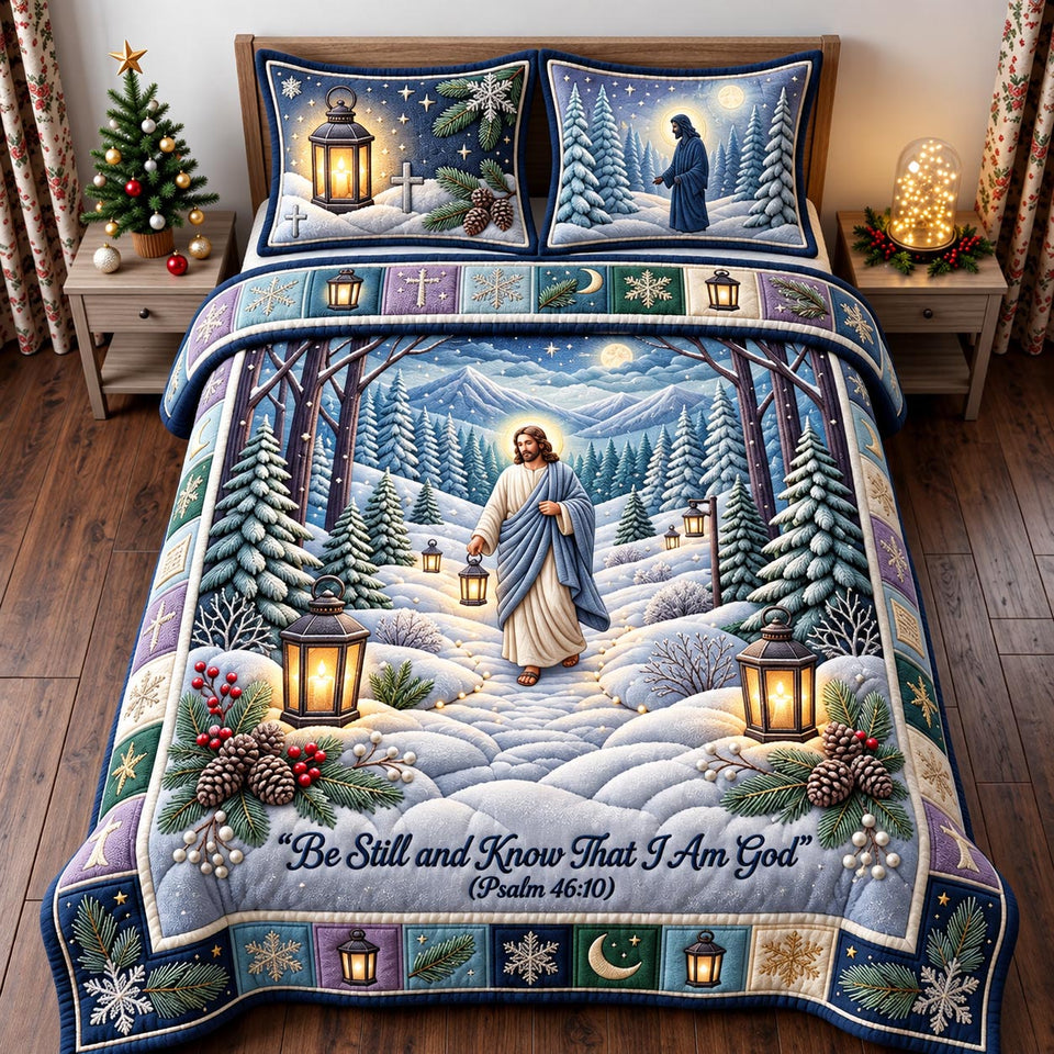 Jesus Winter Faith quilted bedding set, quilt and two pillow shams on a made bed