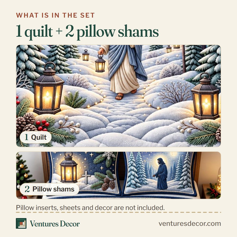What is in the set: one quilt and two pillow shams, shown in the Jesus Winter Faith design