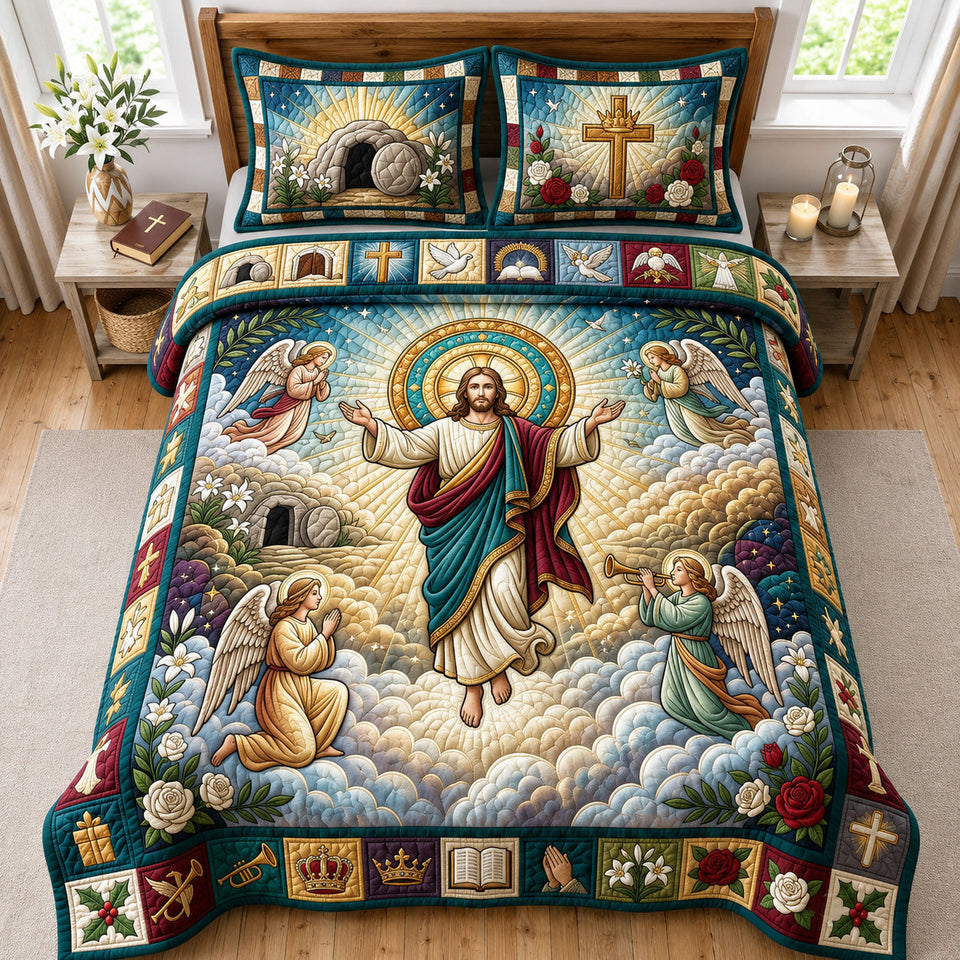 Jesus With Angels quilted bedding set, quilt and two pillow shams on a made bed