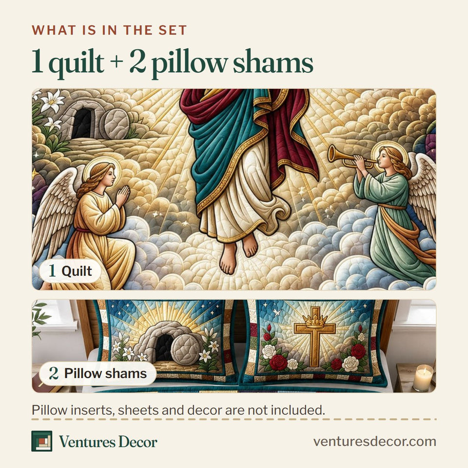 What is in the set: one quilt and two pillow shams, shown in the Jesus With Angels design