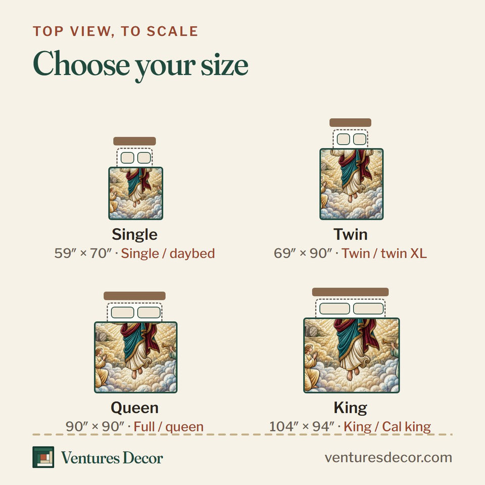 Size guide for the Jesus With Angels quilt, top view to scale: Single 59 x 70 in, Twin 69 x 90 in, Queen 90 x 90 in, King 104 x 94 in