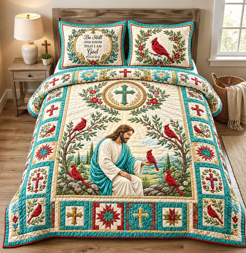 Jesus with Cardinals quilted bedding set, quilt and two pillow shams on a made bed