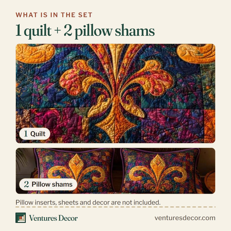 What is in the set: one quilt and two pillow shams, shown in the Jewel Emblem design