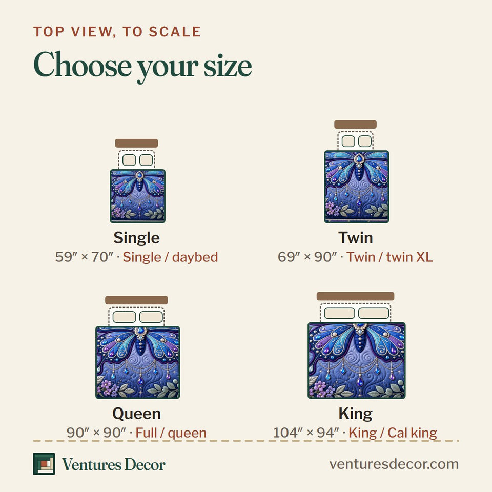 Size guide for the Jeweled Butterfly quilt, top view to scale: Single 59 x 70 in, Twin 69 x 90 in, Queen 90 x 90 in, King 104 x 94 in