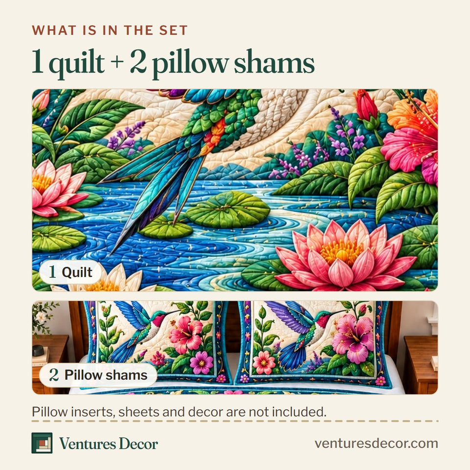 What is in the set: one quilt and two pillow shams, shown in the Jeweled Hummingbird Water Garden design