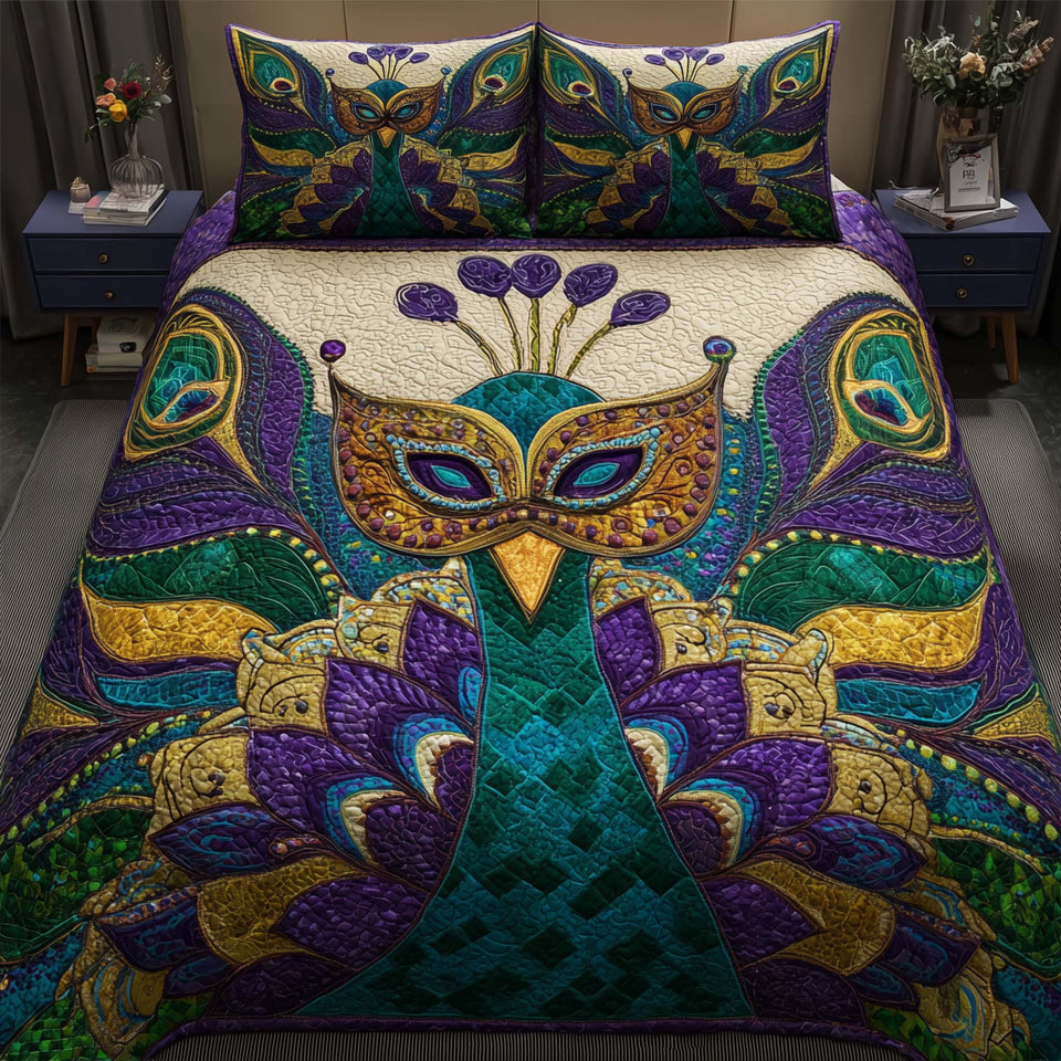 Jeweled Peacock Plume 33 quilted bedding set, quilt and two pillow shams on a made bed