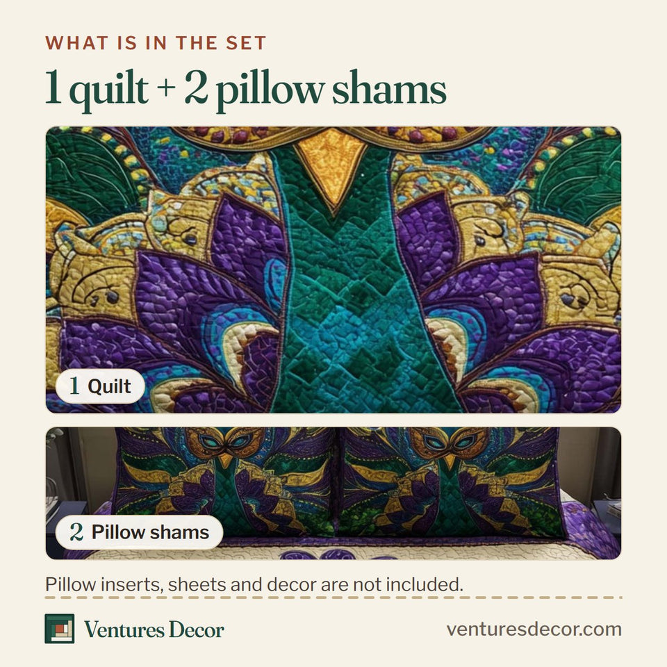 What is in the set: one quilt and two pillow shams, shown in the Jeweled Peacock Plume 33 design