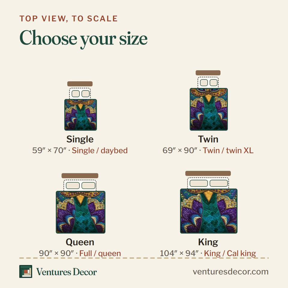 Size guide for the Jeweled Peacock Plume 33 quilt, top view to scale: Single 59 x 70 in, Twin 69 x 90 in, Queen 90 x 90 in, King 104 x 94 in