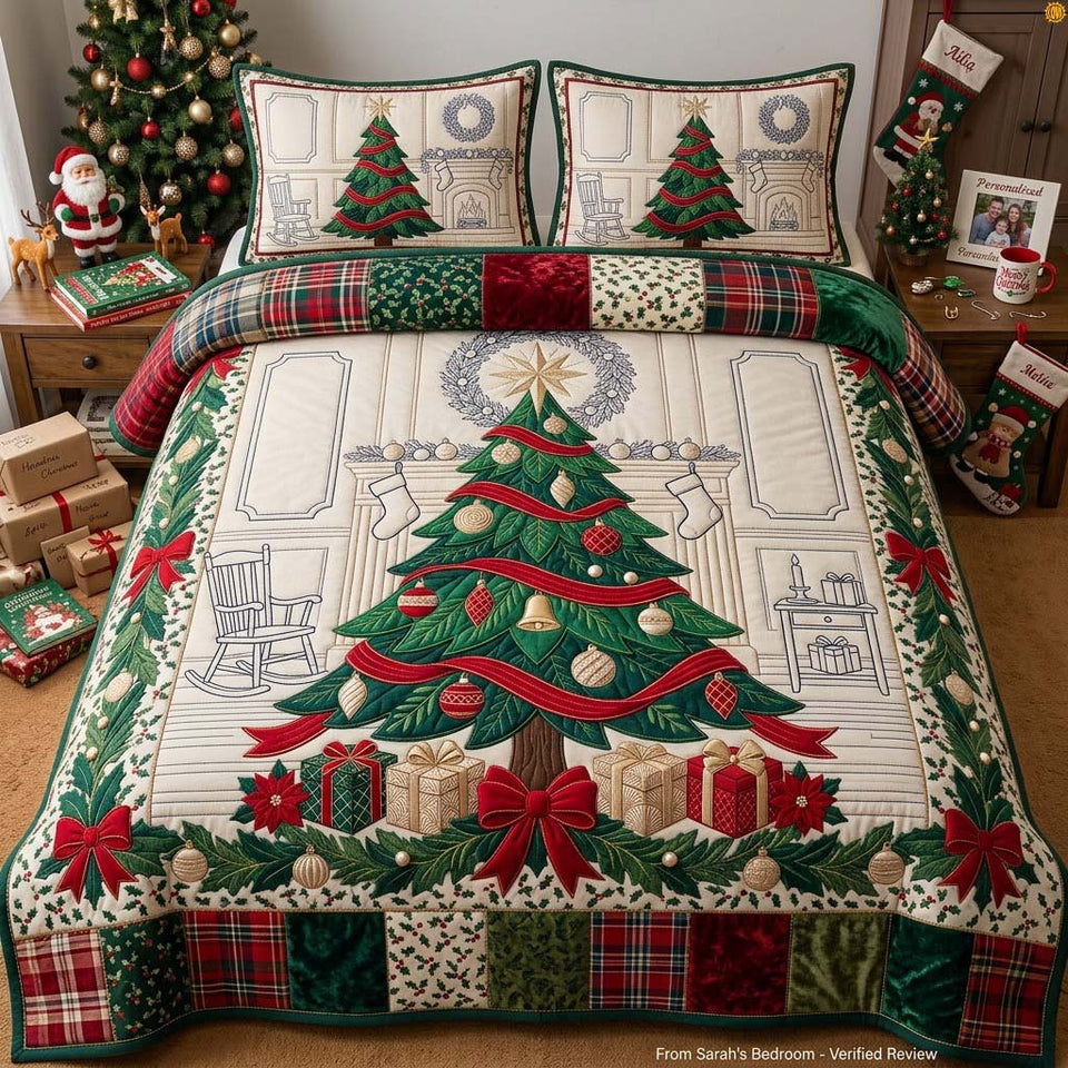 Jeweled Ribbon Fireplace Tree quilted bedding set, quilt and two pillow shams on a made bed
