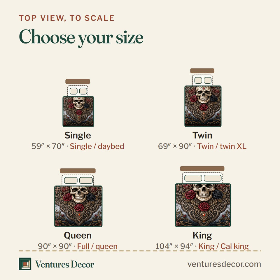 Size guide for the Jeweled Skull quilt, top view to scale: Single 59 x 70 in, Twin 69 x 90 in, Queen 90 x 90 in, King 104 x 94 in