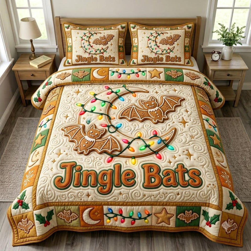 Jingle Bats String Lights quilted bedding set, quilt and two pillow shams on a made bed