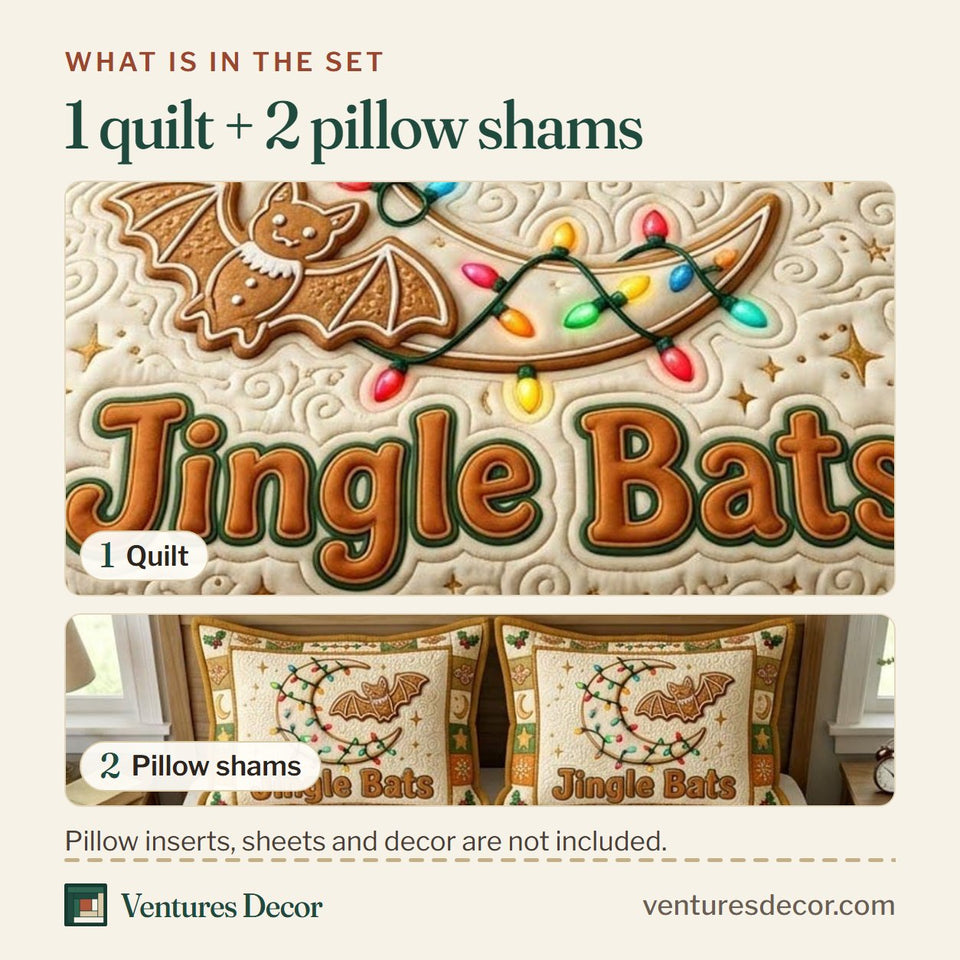 What is in the set: one quilt and two pillow shams, shown in the Jingle Bats String Lights design
