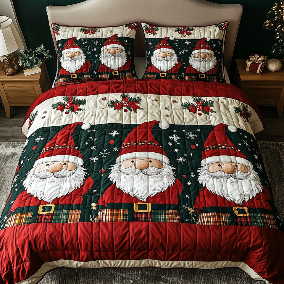 Jolly Gnomes Cream Band Belted quilted bedding set, quilt and two pillow shams on a made bed