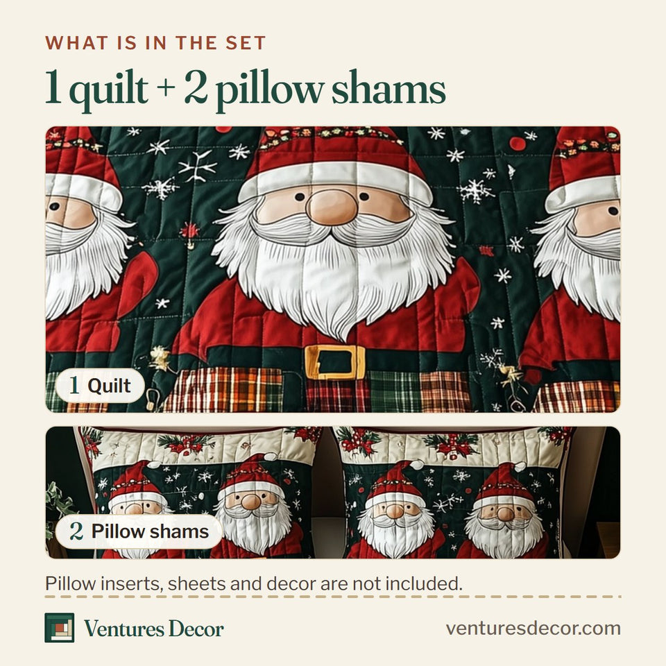 What is in the set: one quilt and two pillow shams, shown in the Jolly Gnomes Cream Band Belted design