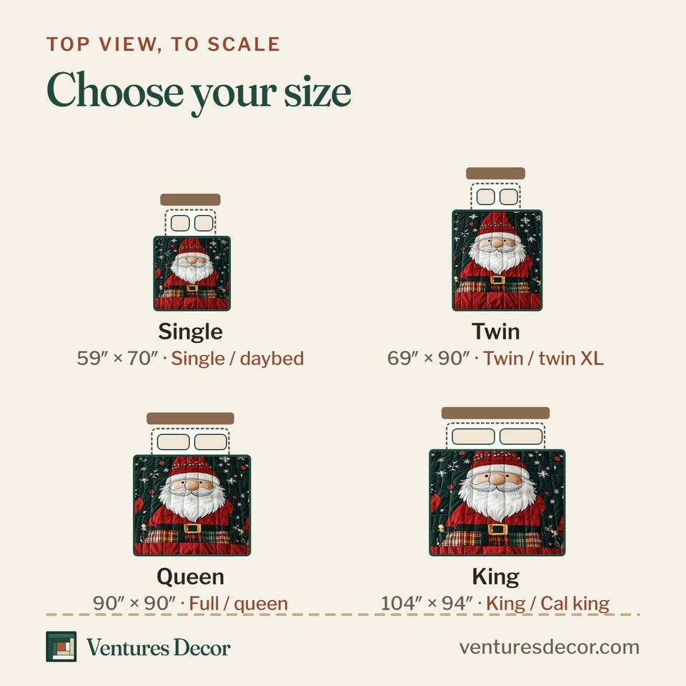 Size guide for the Jolly Gnomes Cream Band Belted quilt, top view to scale: Single 59 x 70 in, Twin 69 x 90 in, Queen 90 x 90 in, King 104 x 94 in