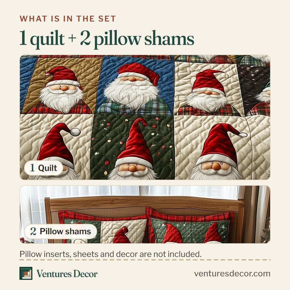 What is in the set: one quilt and two pillow shams, shown in the Jolly Gnomes Muted Block Six Pack design