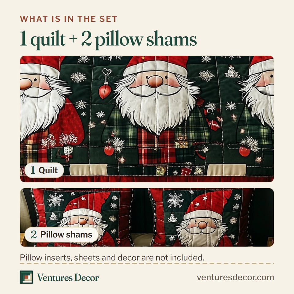 What is in the set: one quilt and two pillow shams, shown in the Jolly Gnomes Ornament Snowflake Panel design
