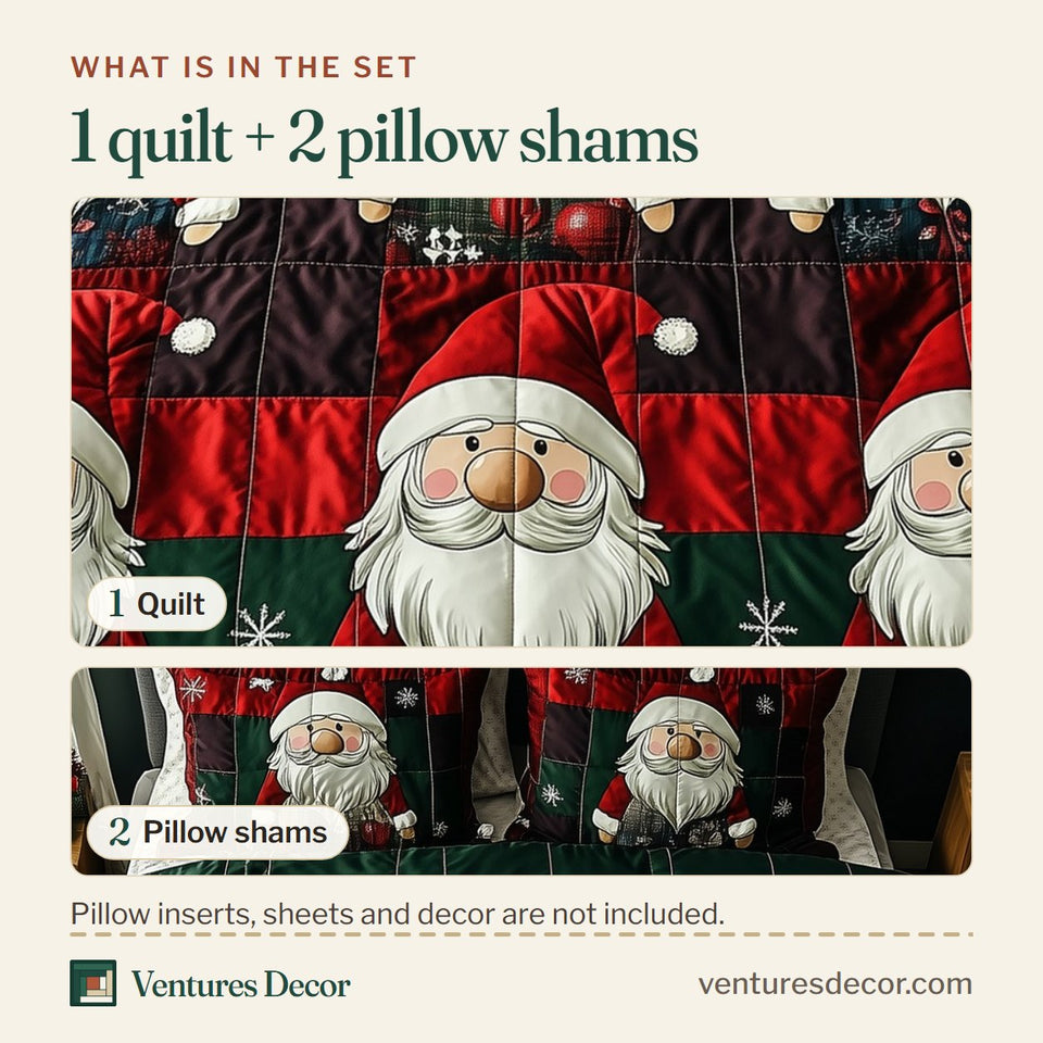 What is in the set: one quilt and two pillow shams, shown in the Jolly Gnomes Snowflake Block Row design