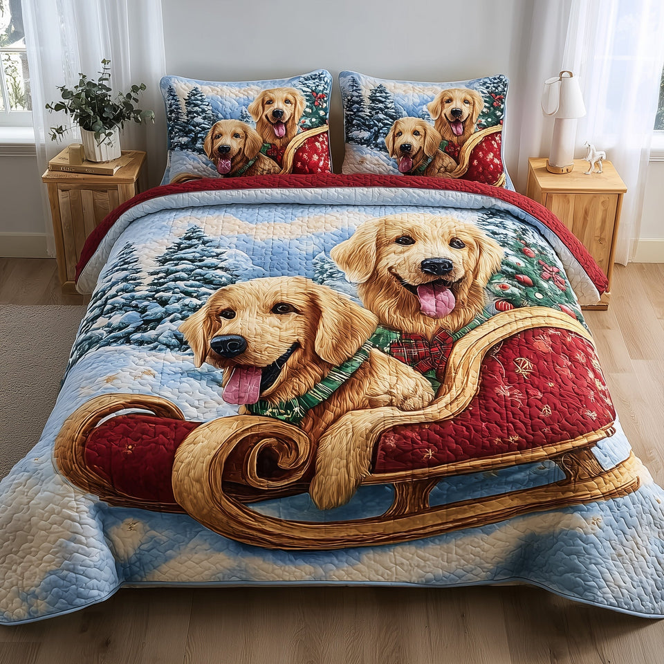 Jolly Retriever Sleigh Ride quilted bedding set, quilt and two pillow shams on a made bed