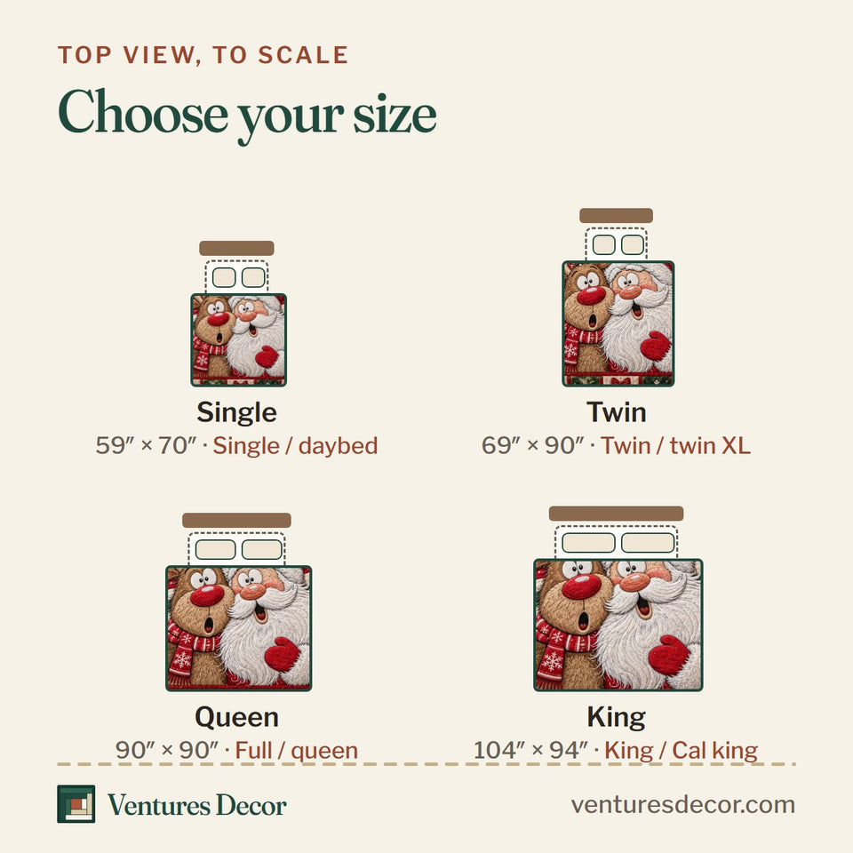 Size guide for the Jolly Santa Reindeer quilt, top view to scale: Single 59 x 70 in, Twin 69 x 90 in, Queen 90 x 90 in, King 104 x 94 in