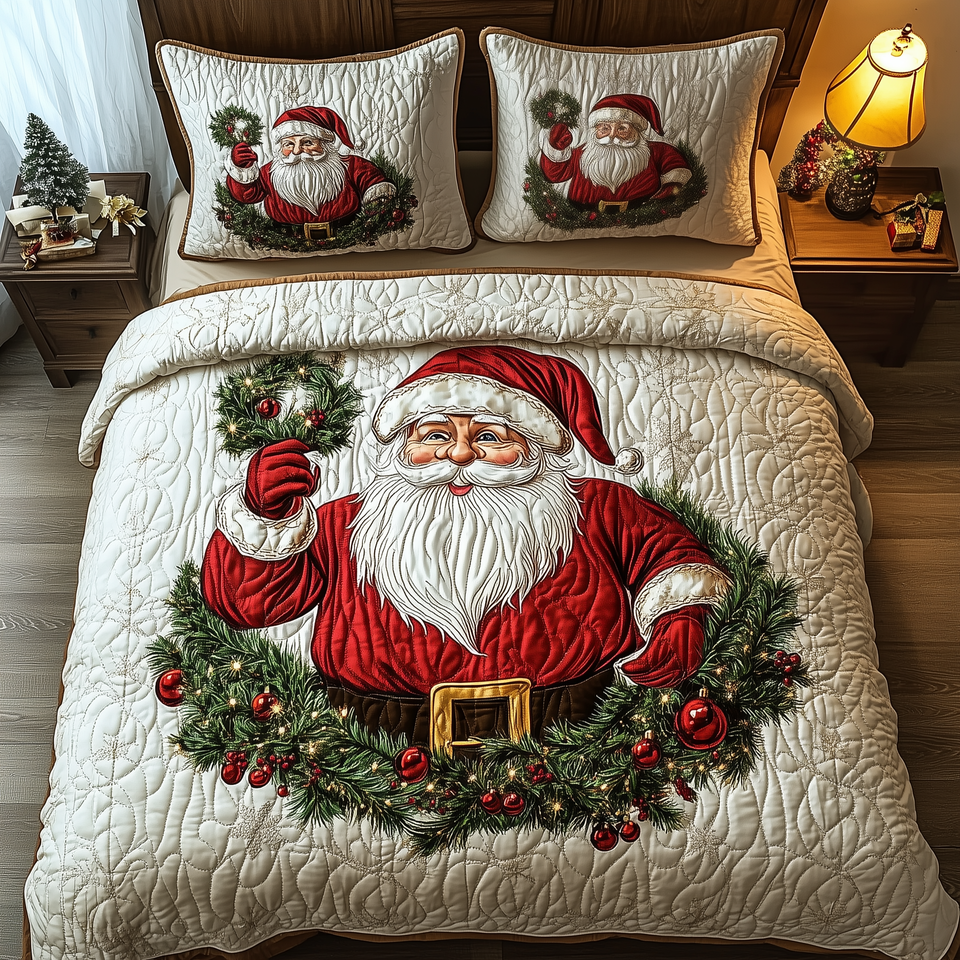 Jolly Santa Wreath Greeting quilted bedding set, quilt and two pillow shams on a made bed