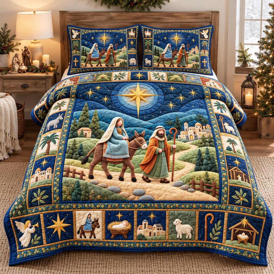 Journey To Bethlehem quilted bedding set, quilt and two pillow shams on a made bed