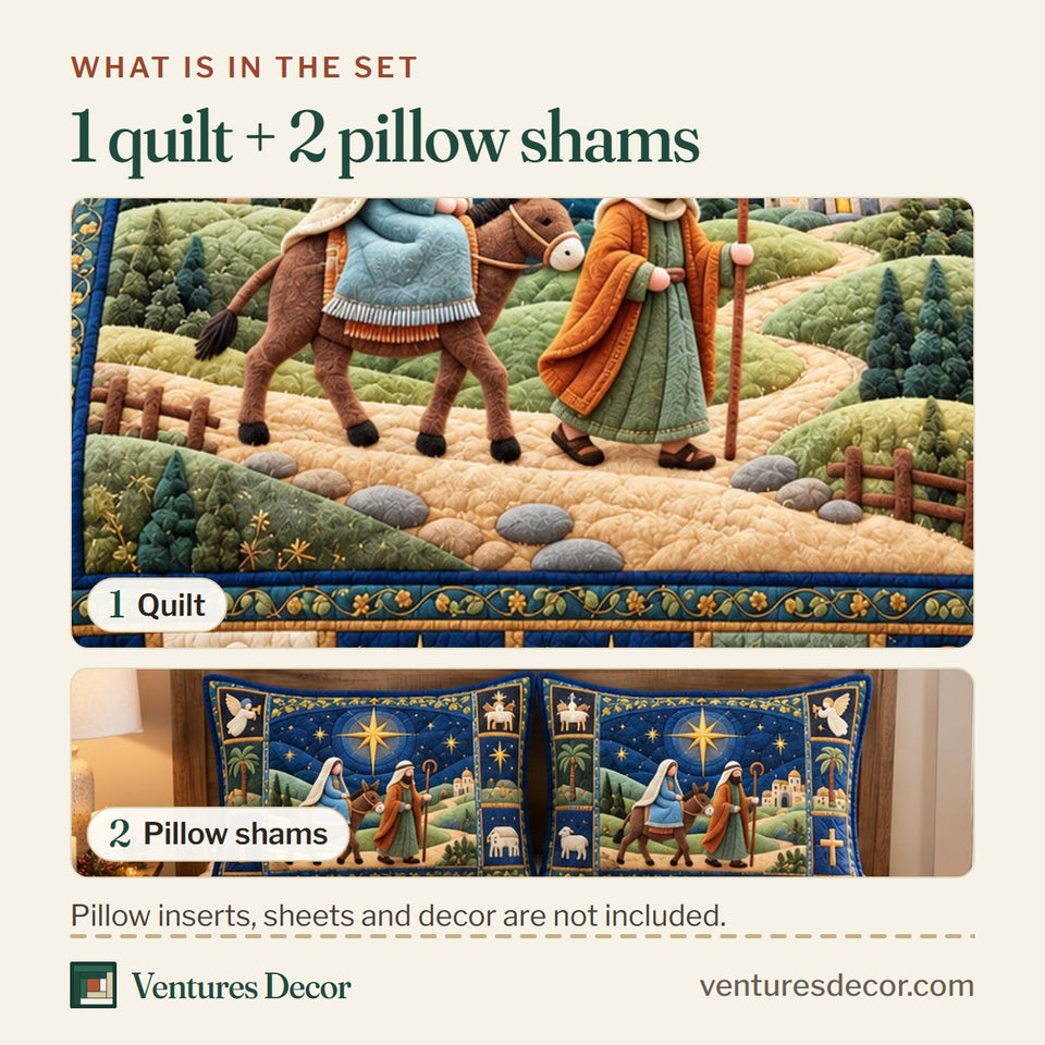 What is in the set: one quilt and two pillow shams, shown in the Journey To Bethlehem design