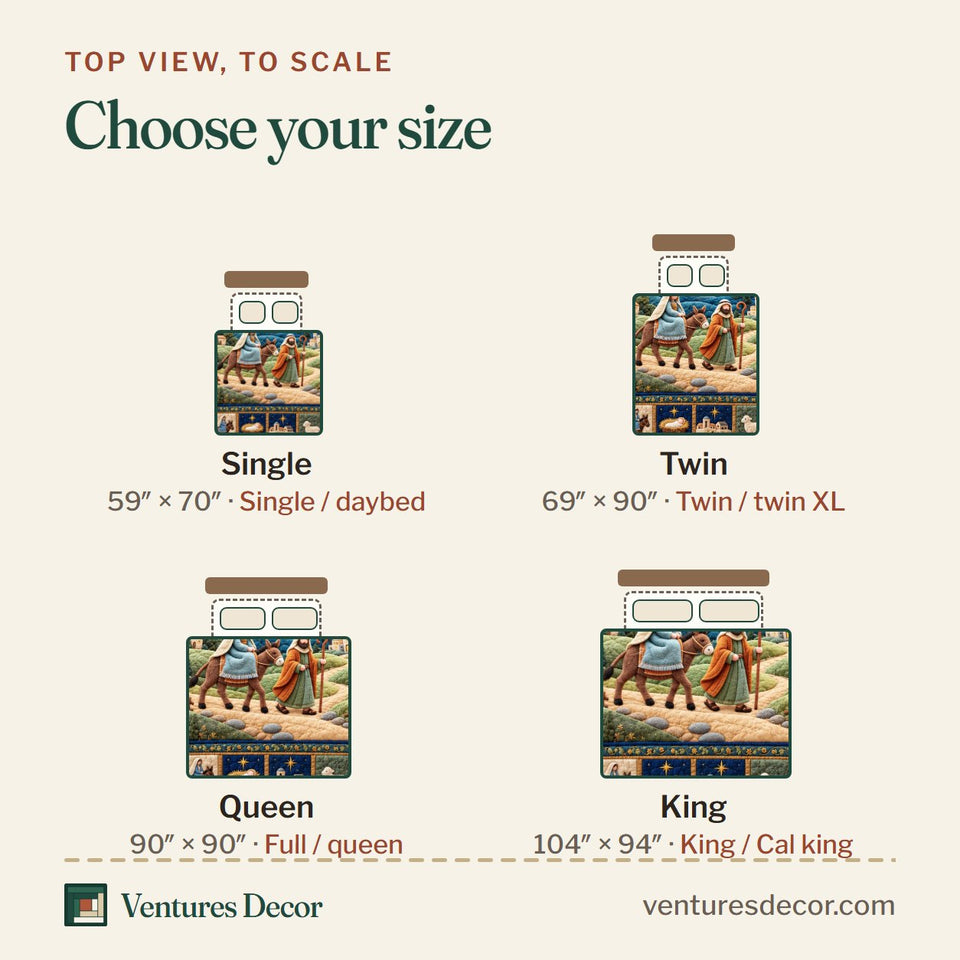 Size guide for the Journey To Bethlehem quilt, top view to scale: Single 59 x 70 in, Twin 69 x 90 in, Queen 90 x 90 in, King 104 x 94 in