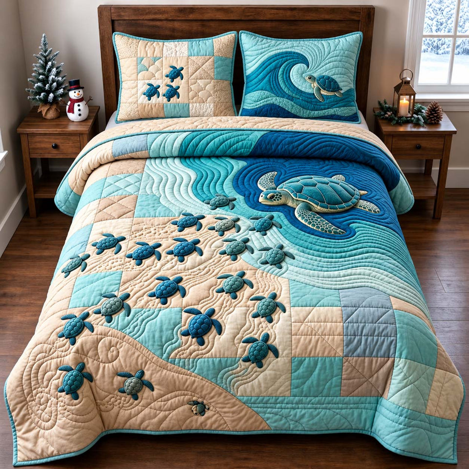 Journey To Sea quilted bedding set, quilt and two pillow shams on a made bed