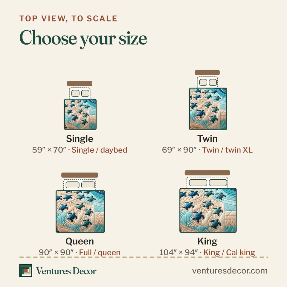 Size guide for the Journey To Sea quilt, top view to scale: Single 59 x 70 in, Twin 69 x 90 in, Queen 90 x 90 in, King 104 x 94 in