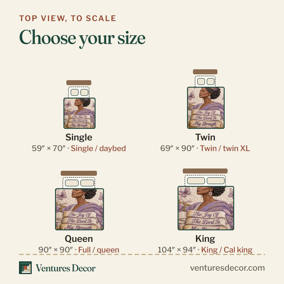 Size guide for the Joy Of the Lord Wisteria quilt, top view to scale: Single 59 x 70 in, Twin 69 x 90 in, Queen 90 x 90 in, King 104 x 94 in