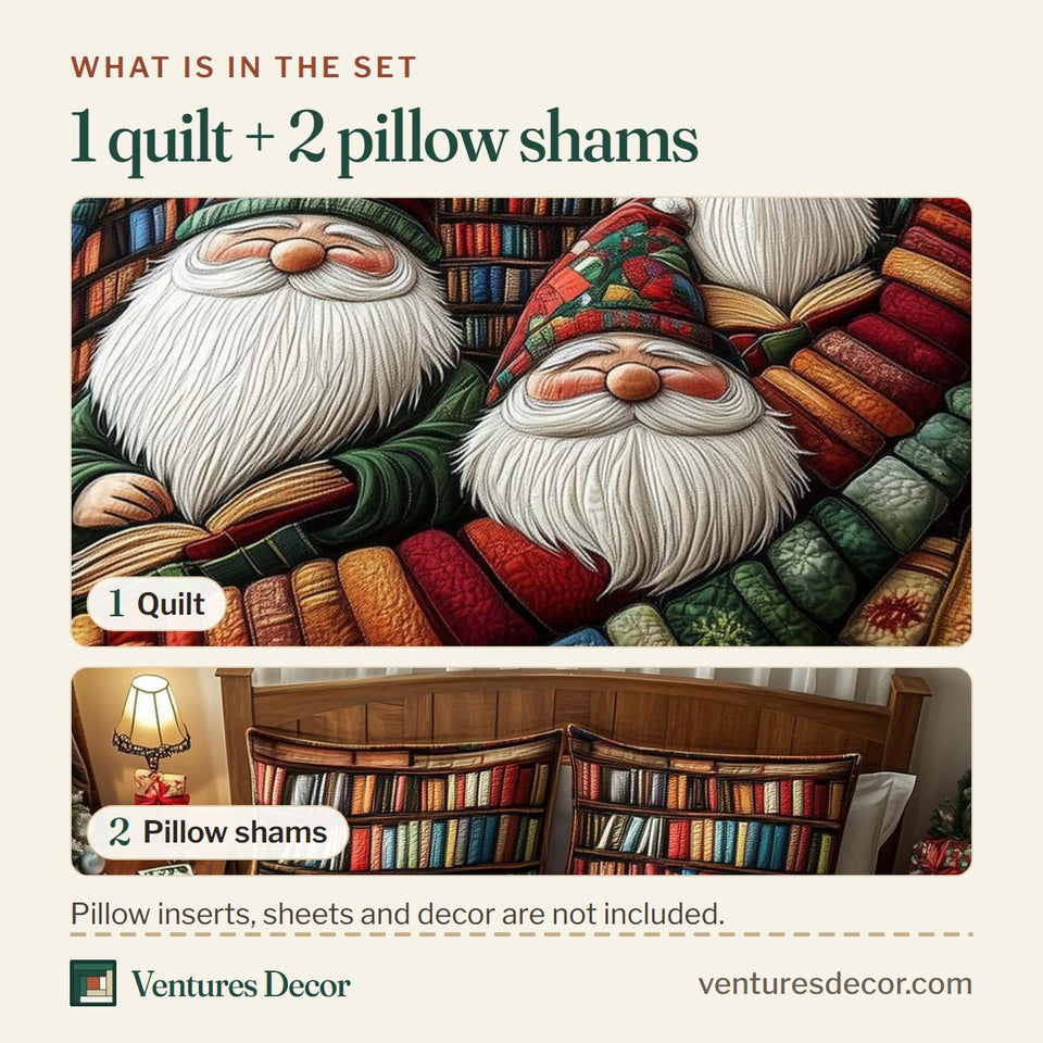 What is in the set: one quilt and two pillow shams, shown in the Joyful Christmas Gnomes Book Stack Readers design