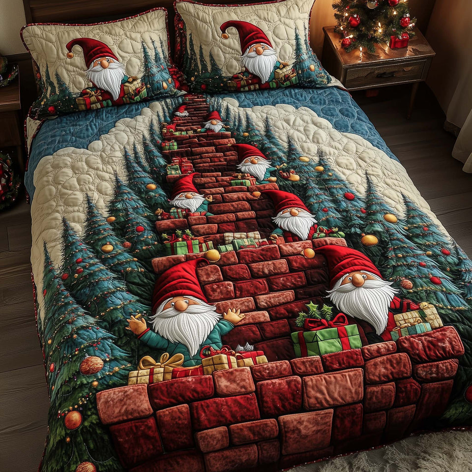 Joyful Christmas Gnomes Brick Chimney Climb quilted bedding set, quilt and two pillow shams on a made bed